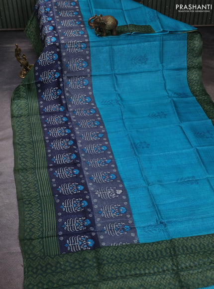 Pure tussar silk saree teal blue and navy blue green with plain body and long blocked printed border