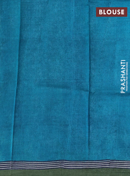 Pure tussar silk saree teal blue and navy blue green with plain body and long blocked printed border
