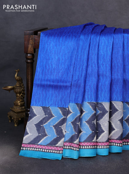 Pure tussar silk saree blue and cs blue with plain body and long blocked printed border