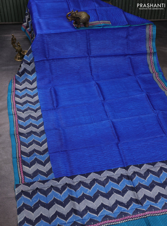 Pure tussar silk saree blue and cs blue with plain body and long blocked printed border