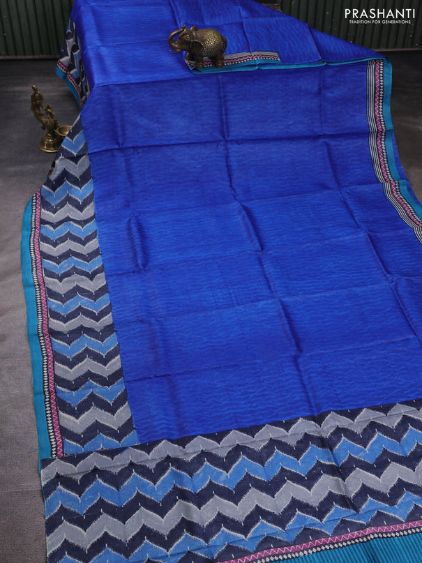 Pure tussar silk saree blue and cs blue with plain body and long blocked printed border