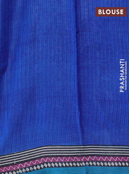 Pure tussar silk saree blue and cs blue with plain body and long blocked printed border