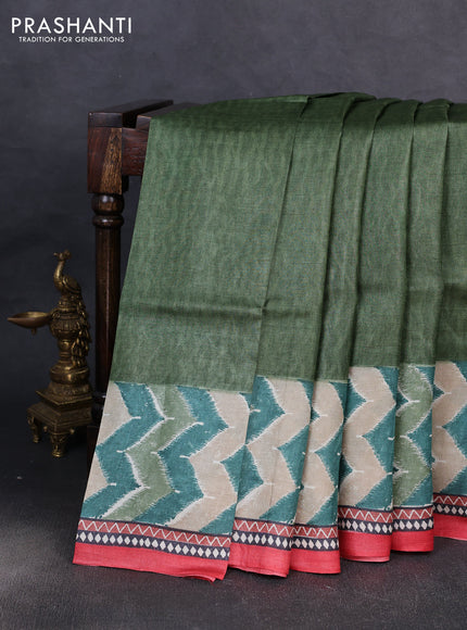 Pure tussar silk saree sap green and red with plain body and long blocked printed border
