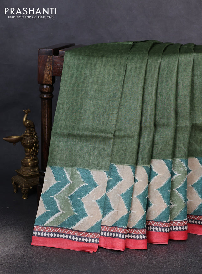 Pure tussar silk saree sap green and red with plain body and long blocked printed border