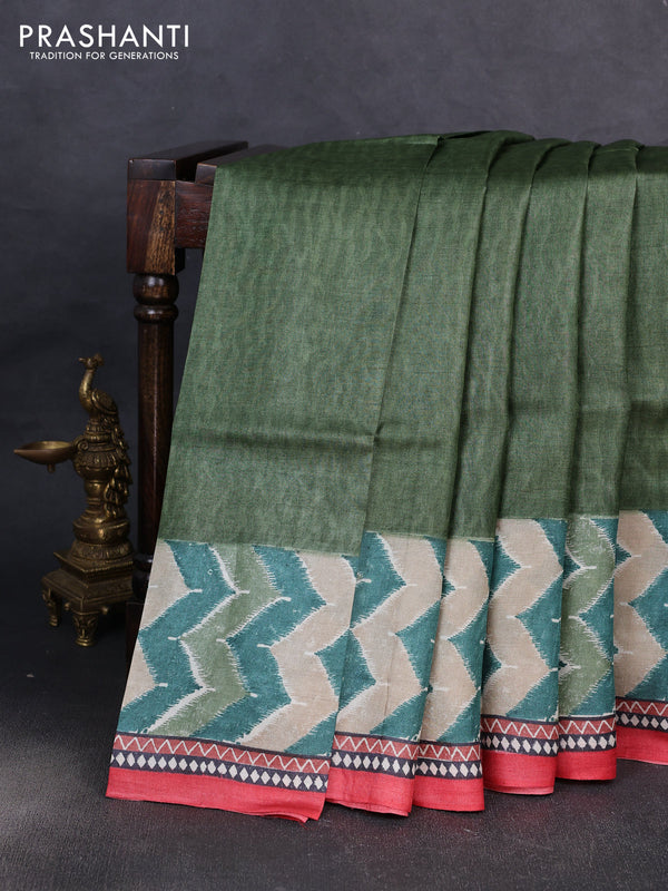 Pure tussar silk saree sap green and red with plain body and long blocked printed border