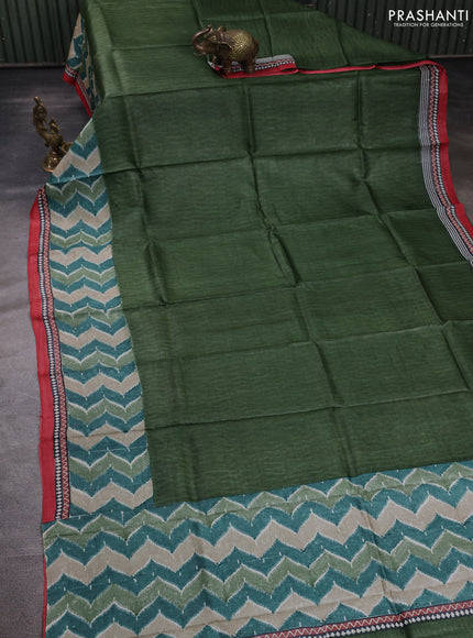 Pure tussar silk saree sap green and red with plain body and long blocked printed border