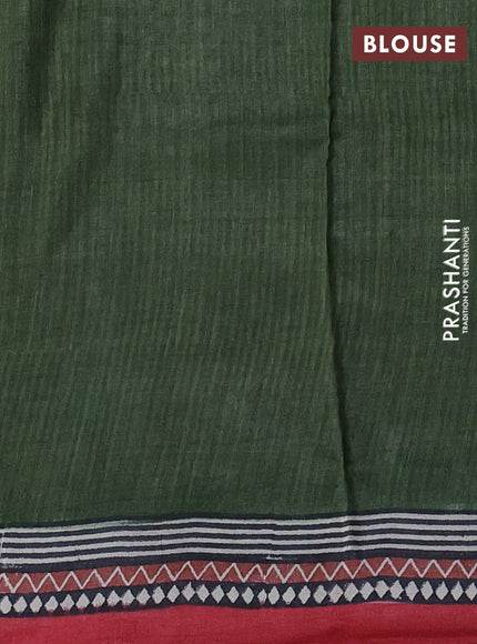 Pure tussar silk saree sap green and red with plain body and long blocked printed border