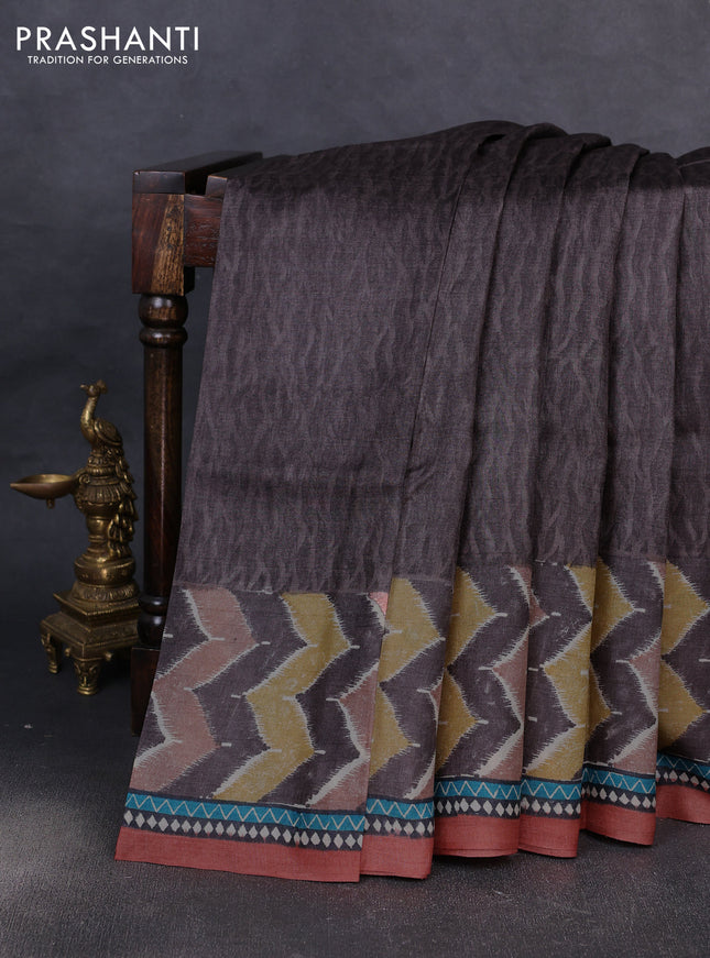 Pure tussar silk saree pastel brown and rust shade with plain body and long blocked printed border