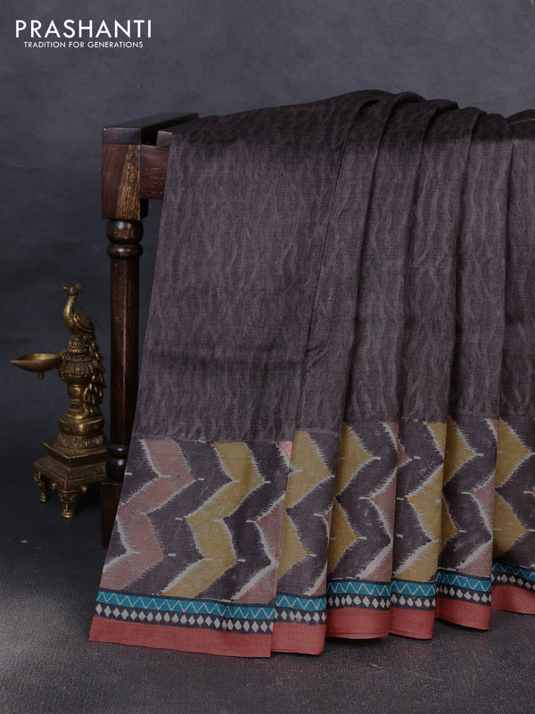 Pure tussar silk saree pastel brown and rust shade with plain body and long blocked printed border
