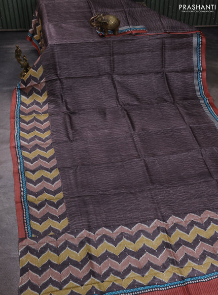 Pure tussar silk saree pastel brown and rust shade with plain body and long blocked printed border