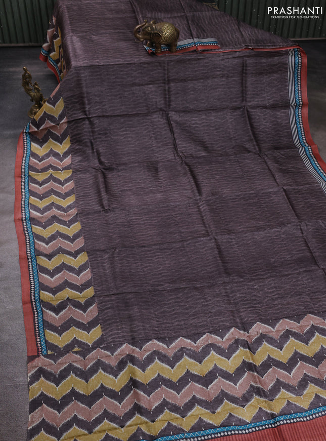 Pure tussar silk saree pastel brown and rust shade with plain body and long blocked printed border