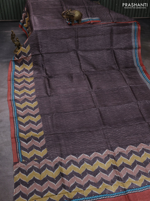 Pure tussar silk saree pastel brown and rust shade with plain body and long blocked printed border