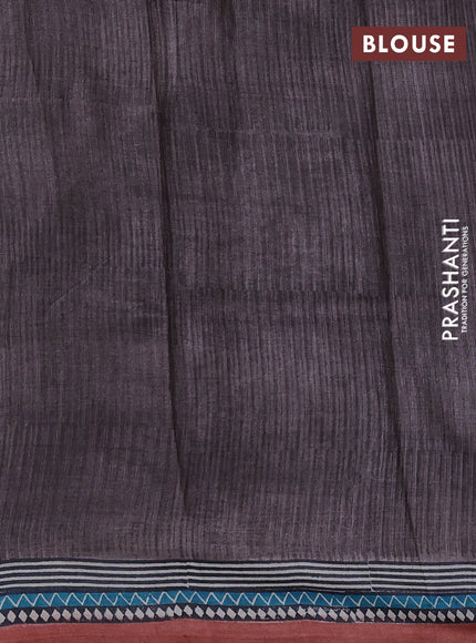 Pure tussar silk saree pastel brown and rust shade with plain body and long blocked printed border