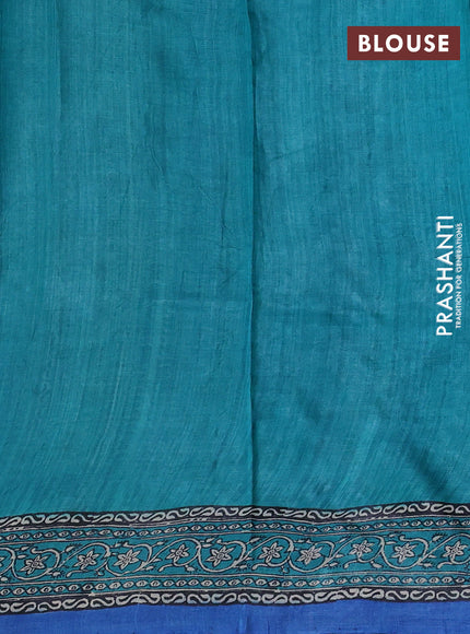 Pure tussar silk saree cream and cs blue with floral butta block prints and long blocked printed border