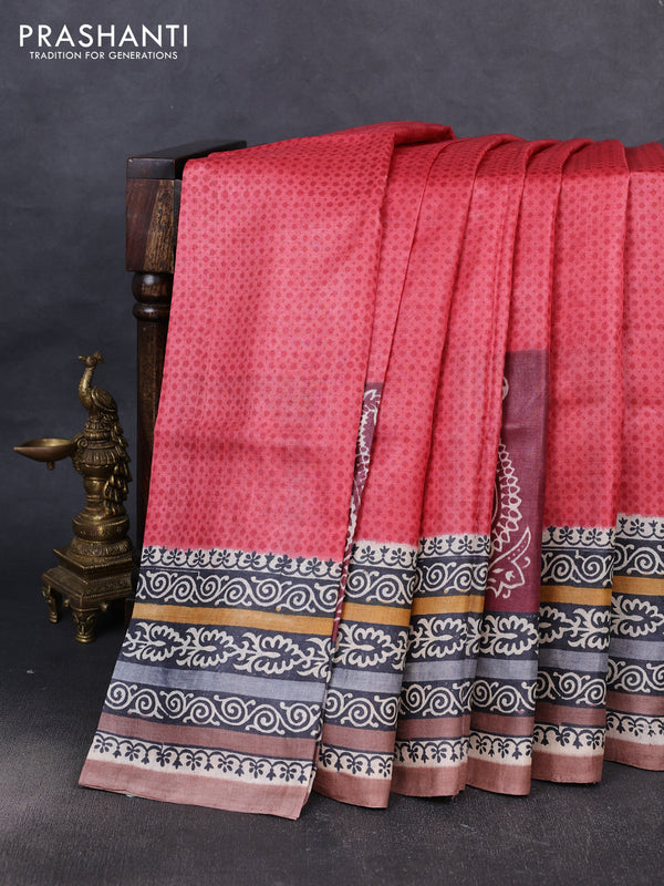 Pure tussar silk saree red and pastel brown with allover prints and blocked printed border