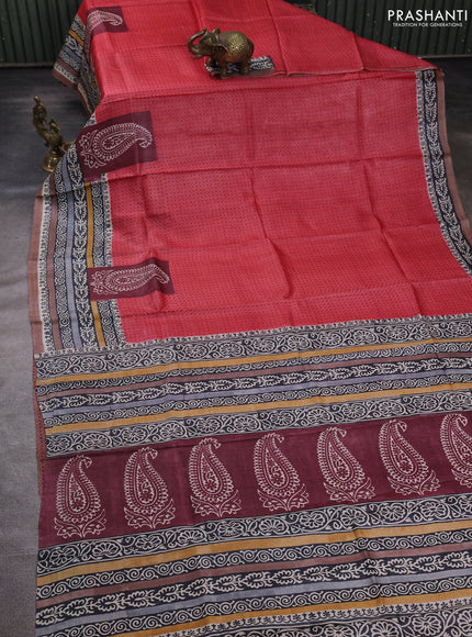 Pure tussar silk saree red and pastel brown with allover prints and blocked printed border