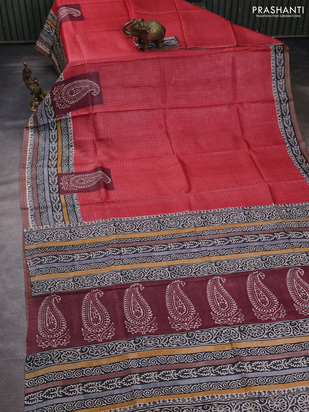 Pure tussar silk saree red and pastel brown with allover prints and blocked printed border
