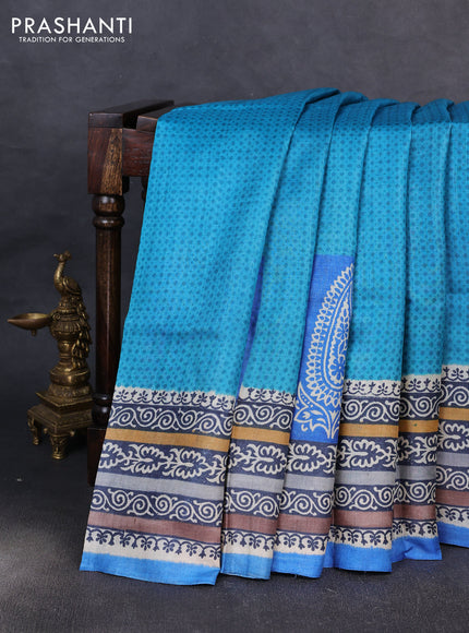Pure tussar silk saree teal blue and blue with allover prints and blocked printed border