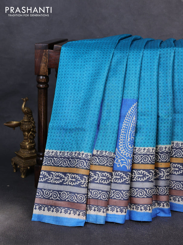 Pure tussar silk saree teal blue and blue with allover prints and blocked printed border