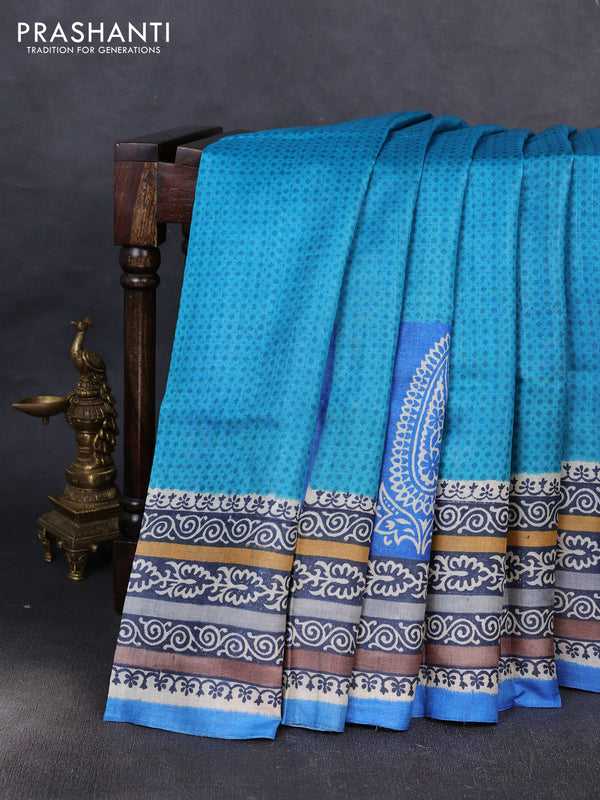 Pure tussar silk saree teal blue and blue with allover prints and blocked printed border