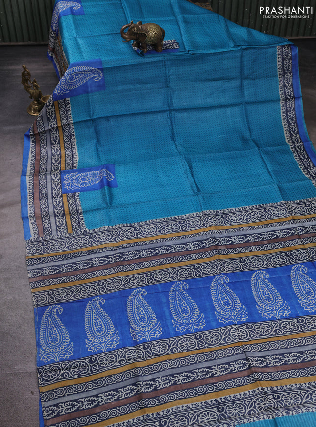 Pure tussar silk saree teal blue and blue with allover prints and blocked printed border