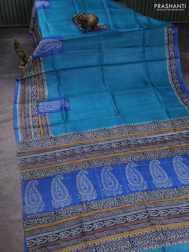 Pure tussar silk saree teal blue and blue with allover prints and blocked printed border