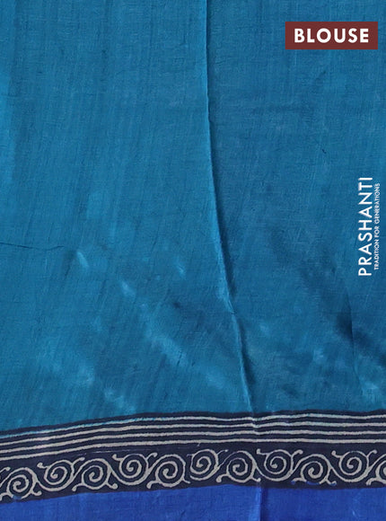 Pure tussar silk saree teal blue and blue with allover prints and blocked printed border