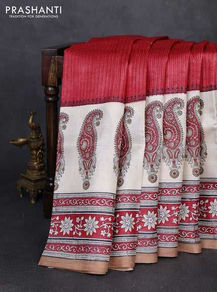 Pure tussar silk saree red and off white with plain body and long blocked printed border