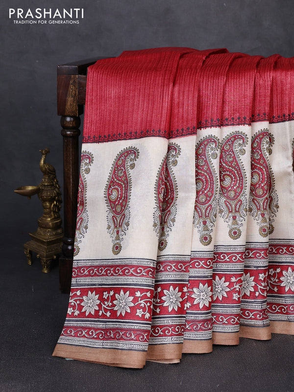 Pure tussar silk saree red and off white with plain body and long blocked printed border