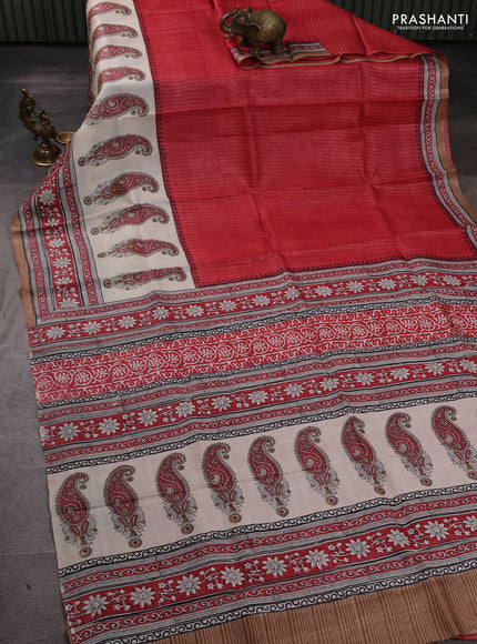 Pure tussar silk saree red and off white with plain body and long blocked printed border