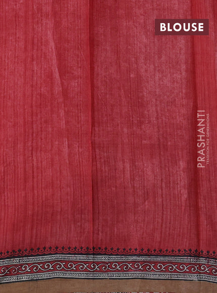 Pure tussar silk saree red and off white with plain body and long blocked printed border
