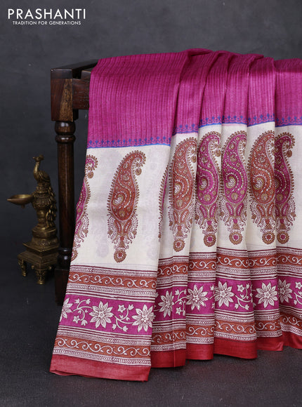 Pure tussar silk saree pink and off white red with plain body and long blocked printed border