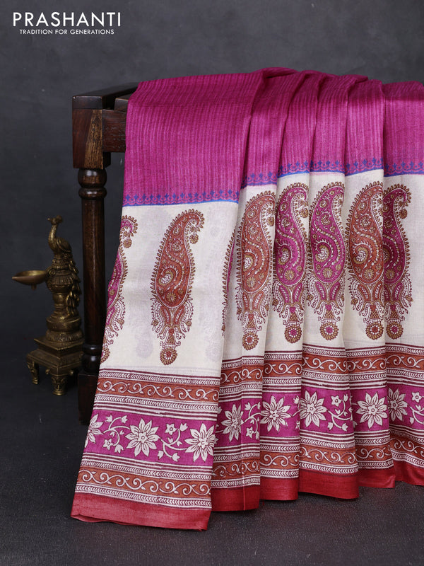 Pure tussar silk saree pink and off white red with plain body and long blocked printed border