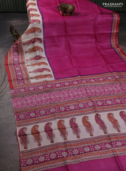 Pure tussar silk saree pink and off white red with plain body and long blocked printed border