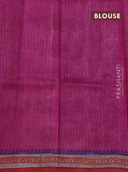 Pure tussar silk saree pink and off white red with plain body and long blocked printed border