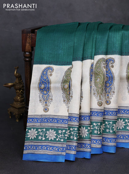 Pure tussar silk saree green and off white blue with plain body and long blocked printed border