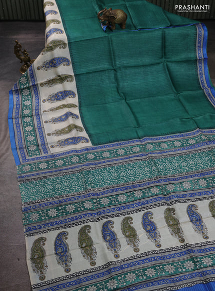 Pure tussar silk saree green and off white blue with plain body and long blocked printed border