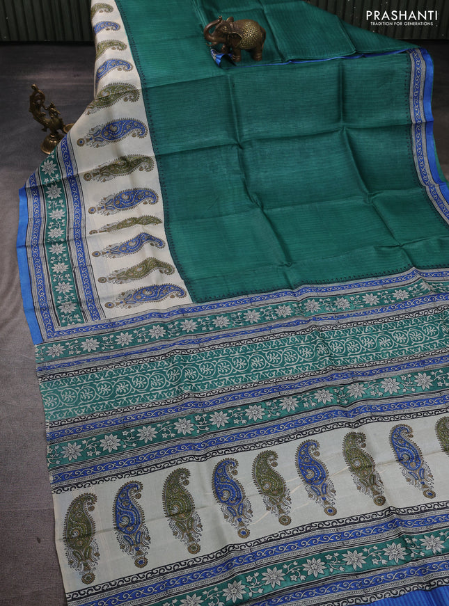 Pure tussar silk saree green and off white blue with plain body and long blocked printed border