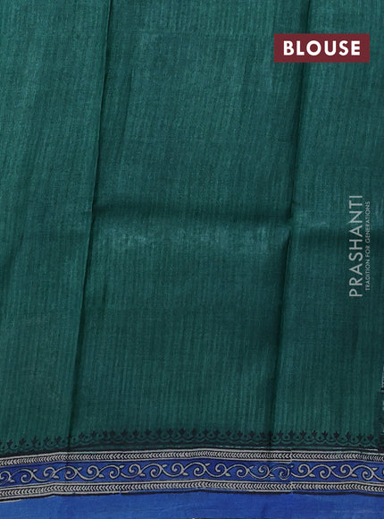Pure tussar silk saree green and off white blue with plain body and long blocked printed border