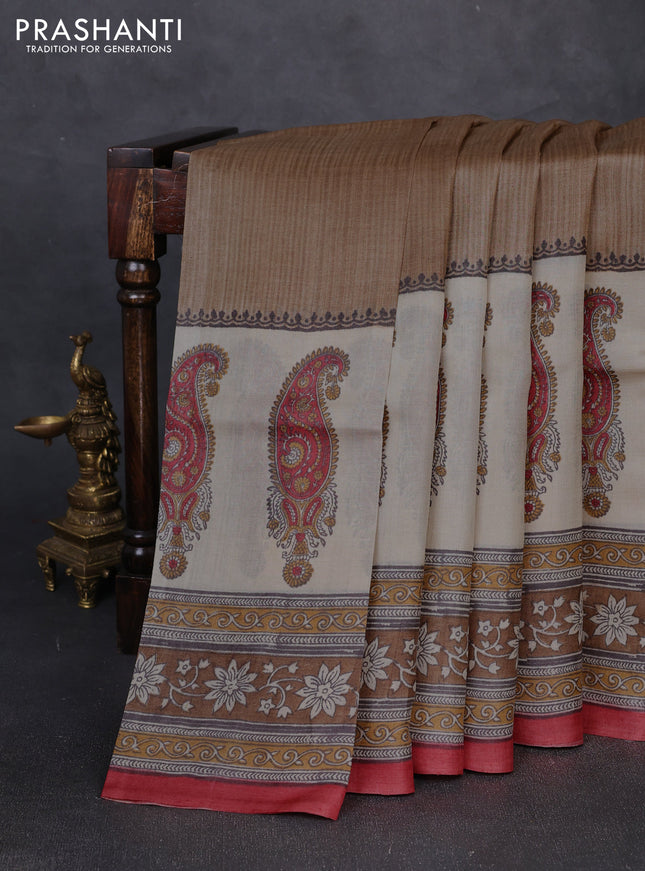 Pure tussar silk saree beige and off white red with plain body and long blocked printed border