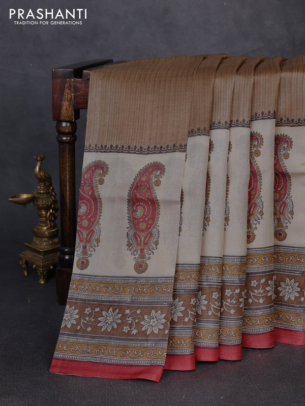 Pure tussar silk saree beige and off white red with plain body and long blocked printed border