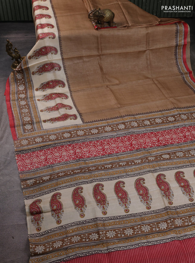 Pure tussar silk saree beige and off white red with plain body and long blocked printed border