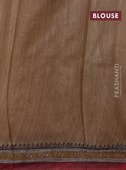 Pure tussar silk saree beige and off white red with plain body and long blocked printed border