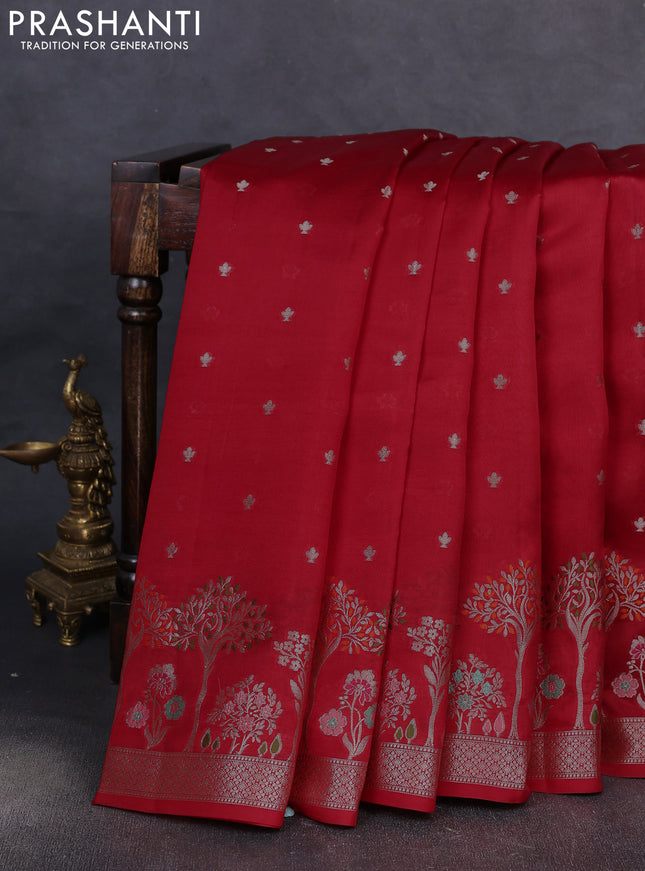 Banarasi poona silk saree red with silver zari woven buttas and rich zari woven border