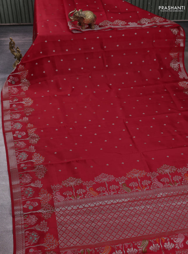 Banarasi poona silk saree red with silver zari woven buttas and rich zari woven border
