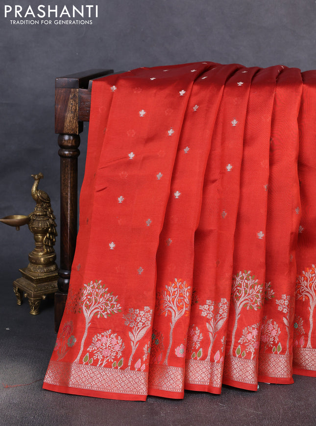 Banarasi poona silk saree rust shade with silver zari woven buttas and rich zari woven border