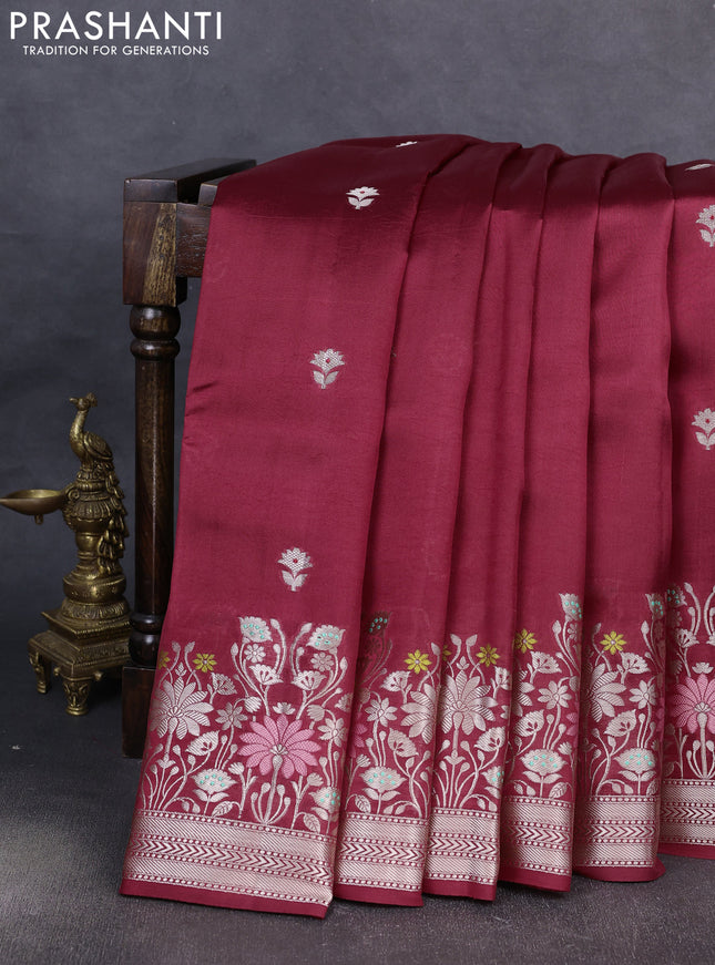 Banarasi poona silk saree maroon with silver zari woven buttas and silver zari woven border