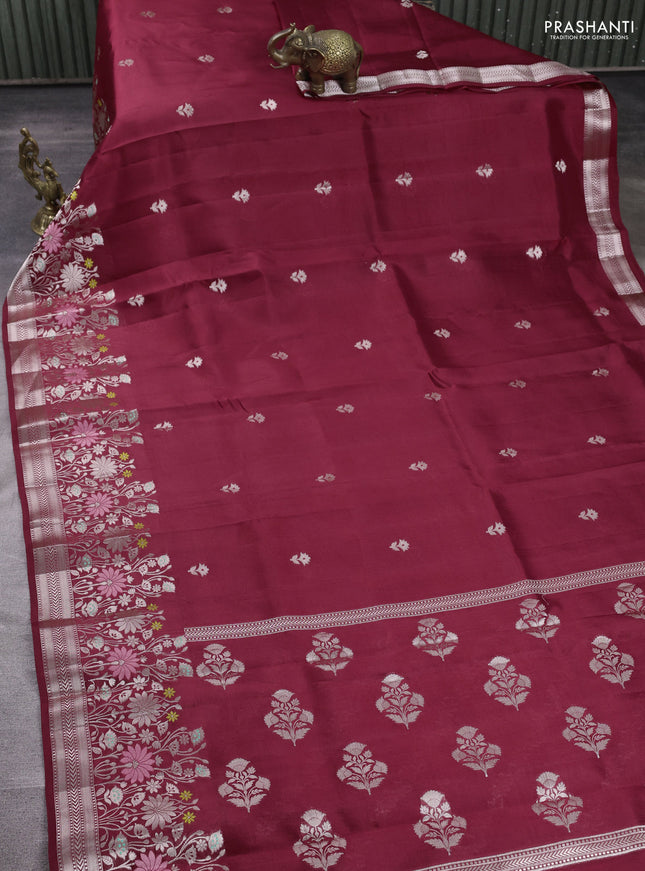 Banarasi poona silk saree maroon with silver zari woven buttas and silver zari woven border