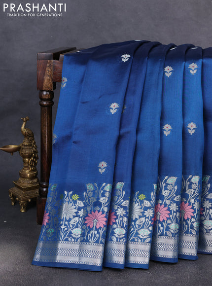 Banarasi poona silk saree peacock blue with silver zari woven buttas and silver zari woven border