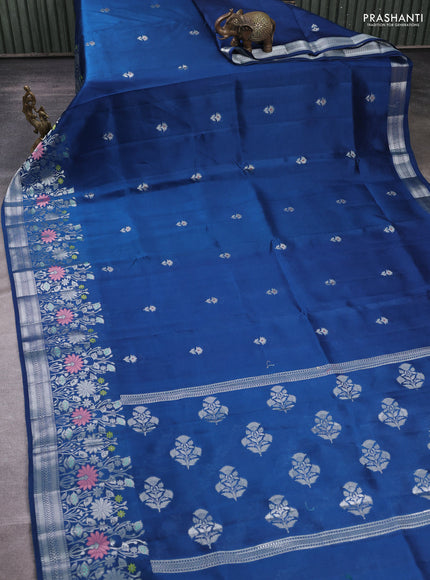 Banarasi poona silk saree peacock blue with silver zari woven buttas and silver zari woven border